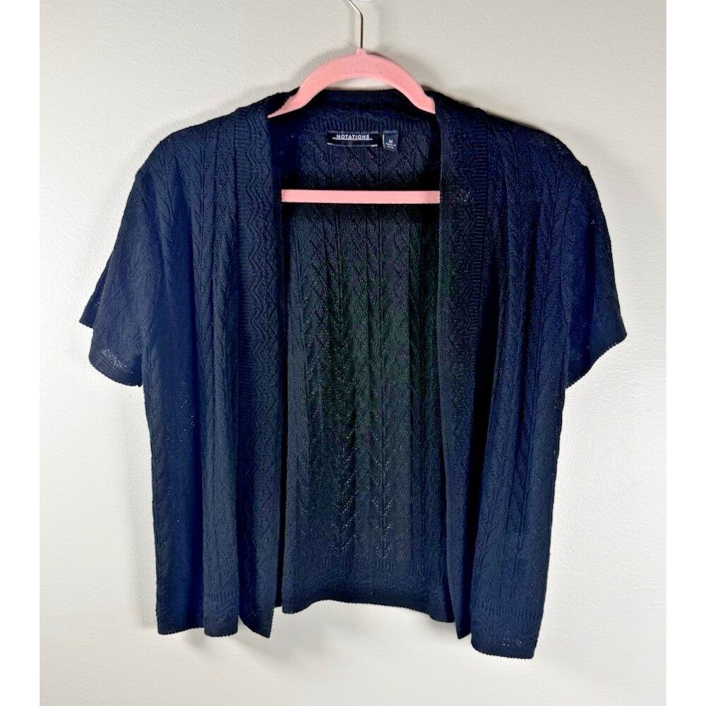 Notations Womens Black Open-Knit Short Sleeve Cardigan Sweater M